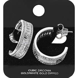 White Gold Dipped Baguette Cut CZ Stone Hoop Earrings