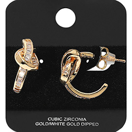 Gold Dipped Baguette CZ Stone Knot Hoop Earrings