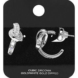 White Gold Dipped Baguette CZ Stone Knot Hoop Earrings