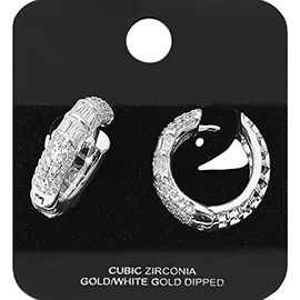 White Gold Dipped CZ Stone Accent Huggie Hoop Earrings