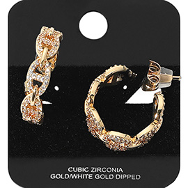 Gold Dipped CZ Stone Paved Mariner Link Hoop Earrings