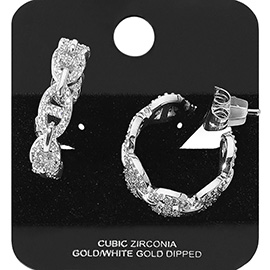 White Gold Dipped CZ Stone Paved Mariner Link Hoop Earrings