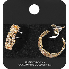 Gold Dipped CZ Stone Paved Square Chain Link Hoop Earrings