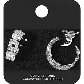 White Gold Dipped CZ Stone Paved Square Chain Link Hoop Earrings