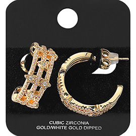 Gold Dipped CZ Stone Paved Star Accent Split Hoop Earrings