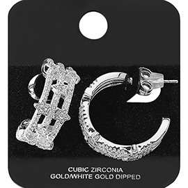 White Gold Dipped CZ Stone Paved Star Accent Split Hoop Earrings