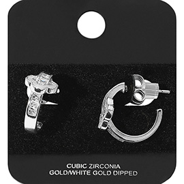 White Gold Dipped Quatrefoil Accent CZ Hoop Earrings