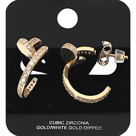 Gold Dipped CZ Stone Paved Nail Hoop Earrings
