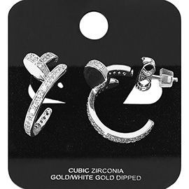 White Gold Dipped CZ Stone Paved Nail Hoop Earrings