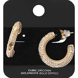Gold Dipped Metal Cutout Accent CZ Stone Paved Hoop Earrings