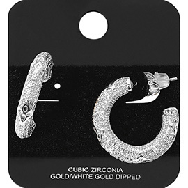 White Gold Dipped Metal Cutout Accent CZ Stone Paved Hoop Earrings