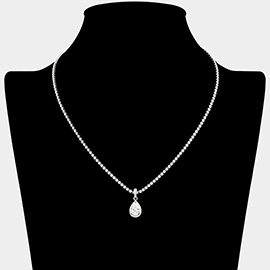 Teardrop CZ Stone Pendant Rhinestone Paved Necklace
