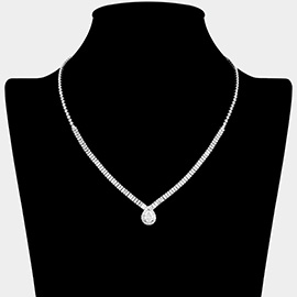 Teardrop CZ Stone Pendant Accent Baguette Stone Cluster Rhinestone Paved Necklace