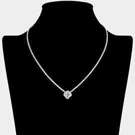 Quatrefoil CZ Stone Pendant Accent Rhinestone Paved Necklace