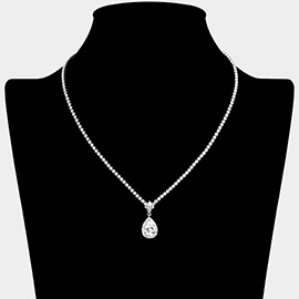 Teardrop CZ Stone Pendant Accent Rhinestone Paved Necklace