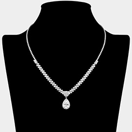 Teardrop CZ Stone Pendant Accent Rhinestone Paved Necklace