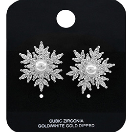 White Gold Dipped Pearl Accent CZ Stone Snowflake Stud Earrings