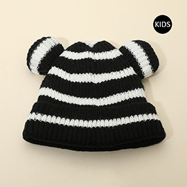 Kids Cute Bear Ear Striped Knit Winter Beanie Hat