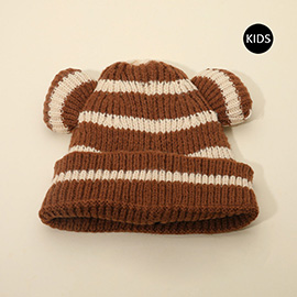 Kids Cute Bear Ear Striped Knit Winter Beanie Hat