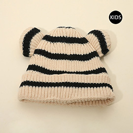 Kids Cute Bear Ear Striped Knit Winter Beanie Hat