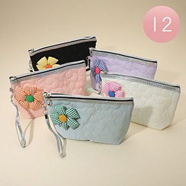 12PCS - Flower Accent Wristlet Quilted Pouch Bags