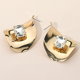 Faceted Center Stone Accent Sculpted Wave Metal Plate Earrings