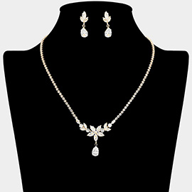 CZ Flower Teardrop Stone Dangle Rhinestone Paved Necklace