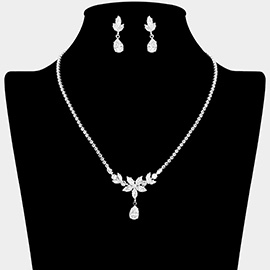 CZ Flower Teardrop Stone Dangle Rhinestone Paved Necklace