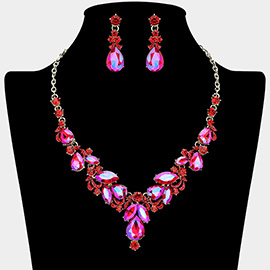 Teardrop Accent Ornate Marquise Stone Cluster Embellished Rhinestone Necklace