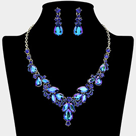 Teardrop Accent Ornate Marquise Stone Cluster Embellished Rhinestone Necklace
