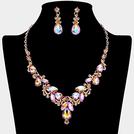 Teardrop Accent Ornate Marquise Stone Cluster Embellished Rhinestone Necklace
