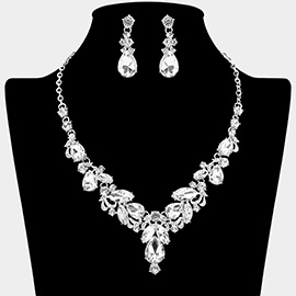 Teardrop Accent Ornate Marquise Stone Cluster Embellished Rhinestone Necklace