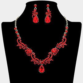 Teardrop Stone Cluster Accent Rhinestone Ornate Scrollwork Rhinestone Necklace