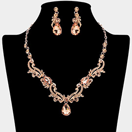 Teardrop Stone Cluster Accent Rhinestone Ornate Scrollwork Rhinestone Necklace