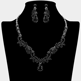 Teardrop Stone Cluster Accent Rhinestone Ornate Scrollwork Rhinestone Necklace