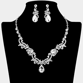 Teardrop Stone Cluster Accent Rhinestone Ornate Scrollwork Rhinestone Necklace