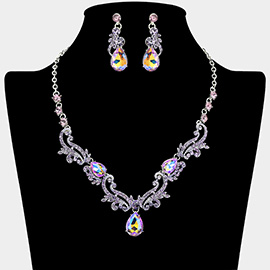 Teardrop Stone Cluster Accent Rhinestone Ornate Scrollwork Rhinestone Necklace