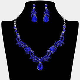 Teardrop Stone Cluster Accent Rhinestone Ornate Scrollwork Rhinestone Necklace
