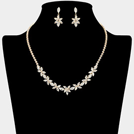 Marquise Floral CZ Stone Cluster Link Rhinestone Paved Necklace