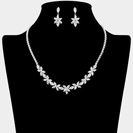 Marquise Floral CZ Stone Cluster Link Rhinestone Paved Necklace