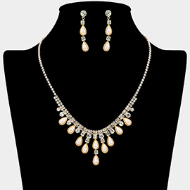 Teardrop Pearl Embellished Square Rhinestone Paved Necklace