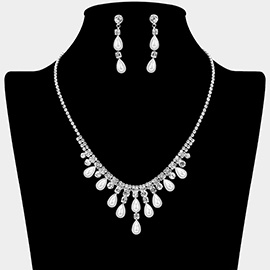 Teardrop Pearl Embellished Square Rhinestone Paved Necklace
