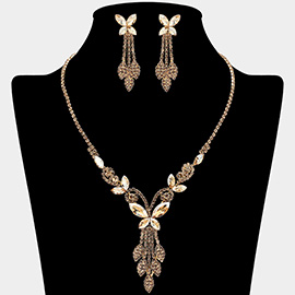 Marquise Stone Cluster Butterfly Drop Accent Rhinestone Paved Necklace