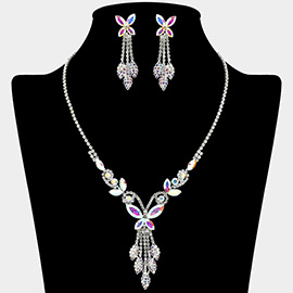 Marquise Stone Cluster Butterfly Drop Accent Rhinestone Paved Necklace