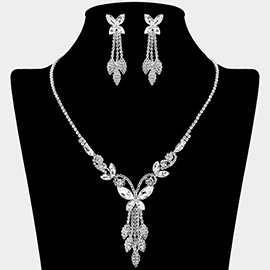 Marquise Stone Cluster Butterfly Drop Accent Rhinestone Paved Necklace