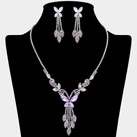 Marquise Stone Cluster Butterfly Drop Accent Rhinestone Paved Necklace