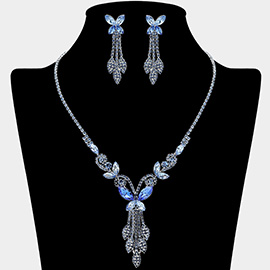 Marquise Stone Cluster Butterfly Drop Accent Rhinestone Paved Necklace
