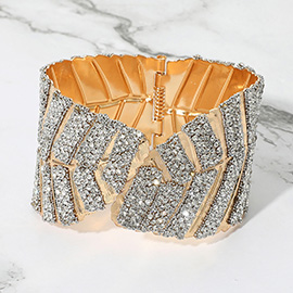 Wide Rhinestone Embellished Leaf Pattern Hinged Cuff Bracelet