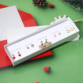 5Pairs - Enamel Snowflake Heart Drop Dangle Reindeer Horn Star Heart Stud Earring Set