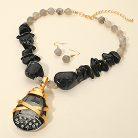 Rhinestone Paved Bold Faceted Teardrop Pendant Accent Marbled Stone Beaded Statement Necklace